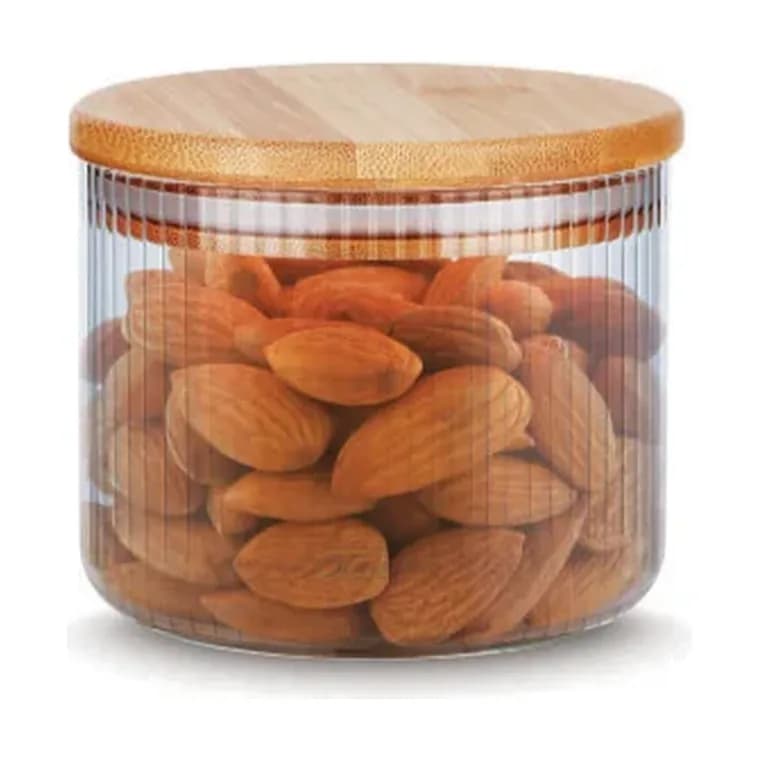 Emerald Round Dry Fruit Jar Narrow Stripes with Bamboo Lid 300 ml