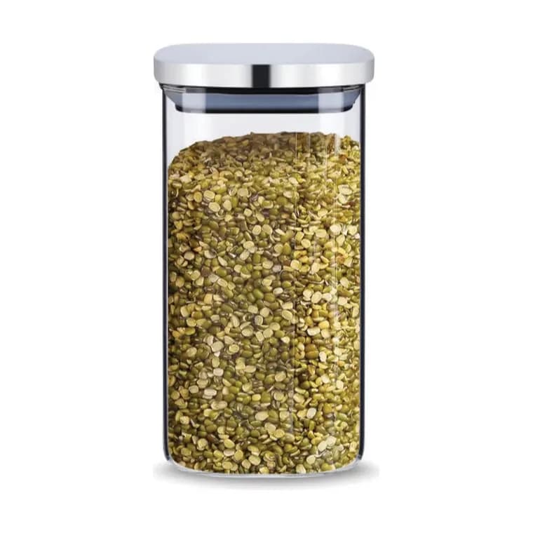 Freshco Square Push Type Glass Jar with Stainless Steel Lid 1100 ml