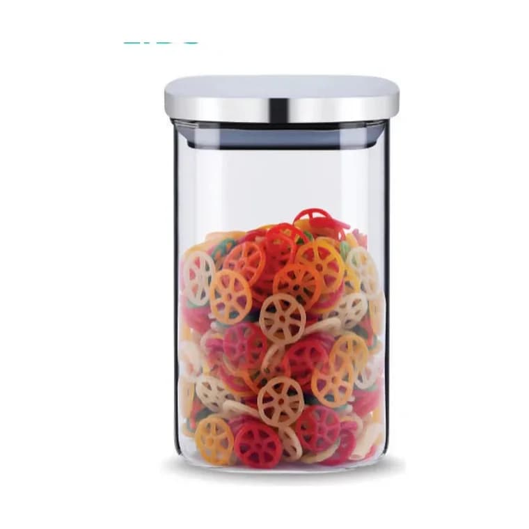 Freshco Square Push Type Glass Jar with Stainless Steel Lid 750 ml
