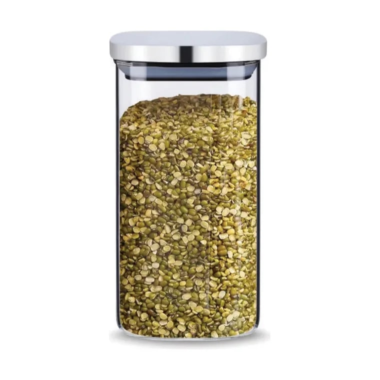 Freshco Square Push Type Glass Jar with Stainless Steel Lid 1100 ml