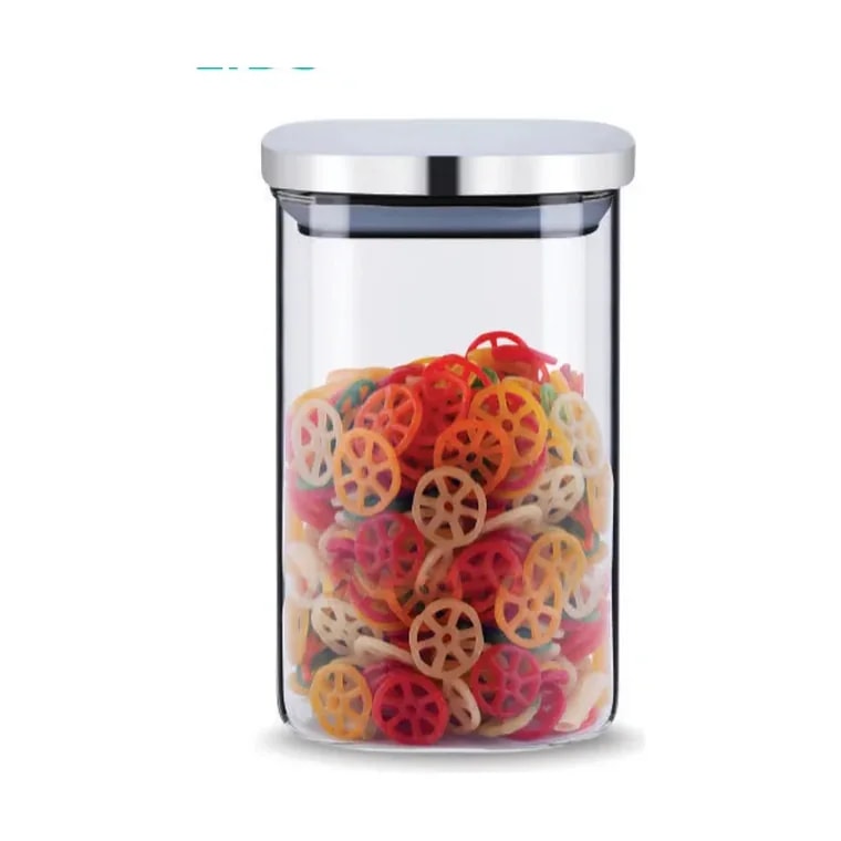 Freshco Square Push Type Glass Jar with Stainless Steel Lid 750 ml