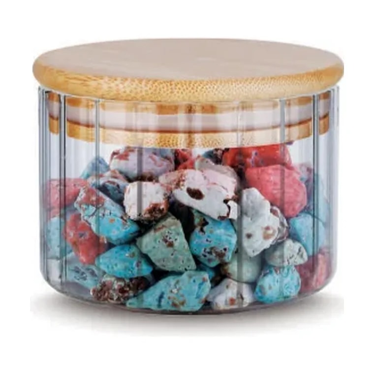 Glaze Round Dry Fruit Jar Wide Stripes with Bamboo Lid 300 ml