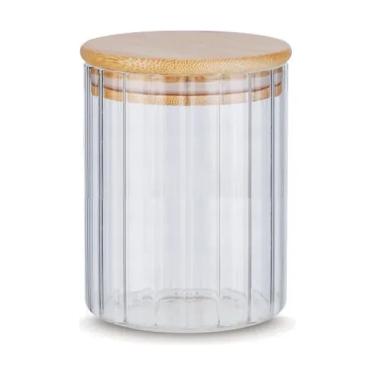 Glaze Round Dry Fruit Jar Wide Stripes with Bamboo Lid 500 ml