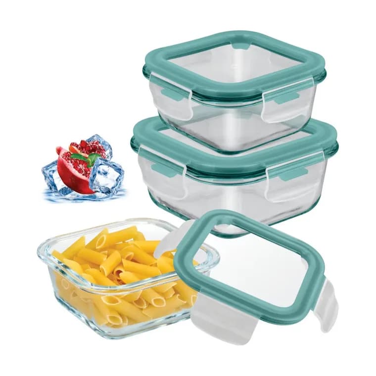 Lock and Fresh borosilicate glass containers with pasta and fruit