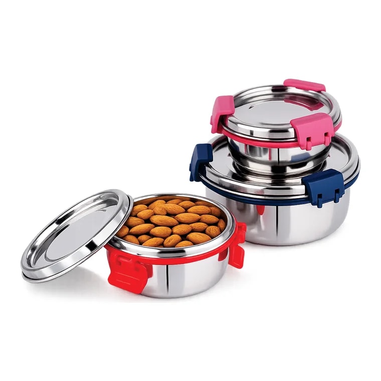 Lock & Steel stainless steel containers with pink, blue and red lock lids